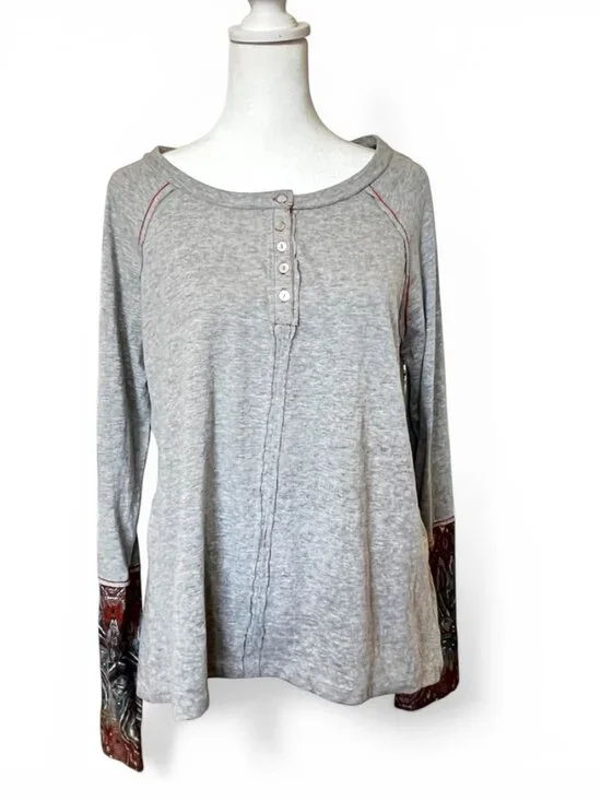 Sundance Boho Henley Top L Gray Southwest Cuffs Soft Cotton Serenity - Picture 2 of 11